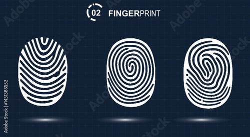 Thumbprints scanner. Criminal evidence. Identification sign. Unique biometric data icons vector set.