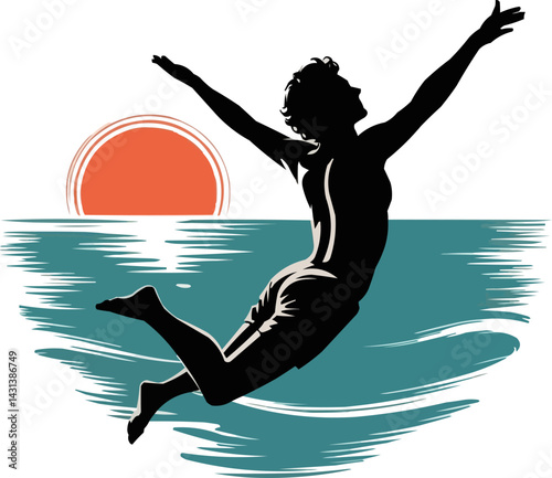 Joyful Sunset Dive: Silhouette of a Person Leaping into Ocean Waters