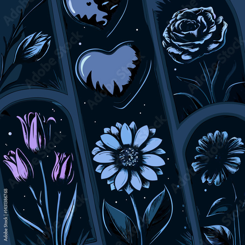 Gothic Floral Pattern, Dark Blue Flowers, Hearts