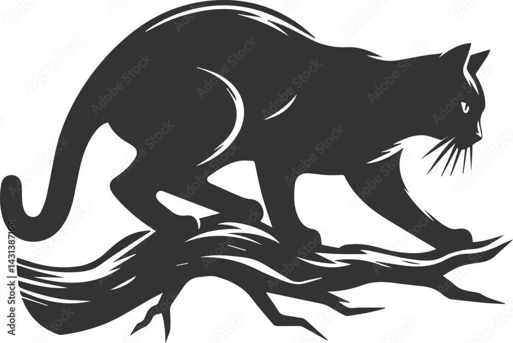 Obraz premium Cat with tree branch vector silhouette