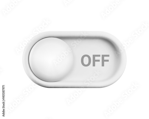 Vector cartoon 3d turn off switch button. Minimal realistic 3d grey toggle switch slider with white button and text OFF. Setting toggle design element, off tumbler for mobile app interface, web, game.