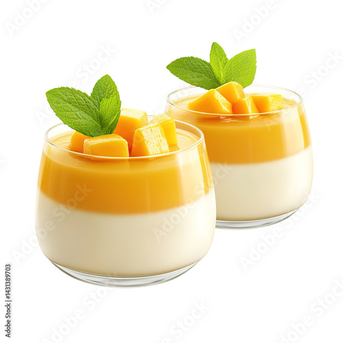 Wallpaper Mural A rustic outdoor setup featuring mango pudding in glass jars, surrounded by fresh mango slices and a burlap cloth Torontodigital.ca