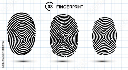 Collection of three black fingerprint. Fingerprint and thumbprint. Biometric identification. Vector illustration.