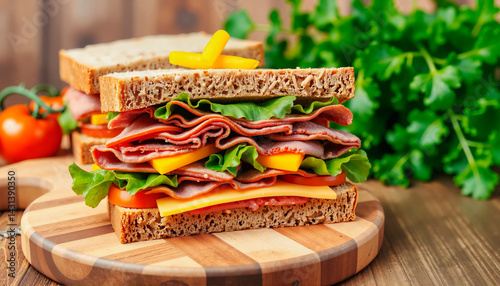 A hearty ham sandwich with layers of juicy tomatoes and crisp greens, nestled in whole grain bread. Served with chips, a pickle, and a drizzle of mustard and mayo