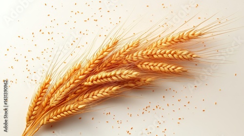 Close-up of golden wheat ears with scattered grains on white background. photo