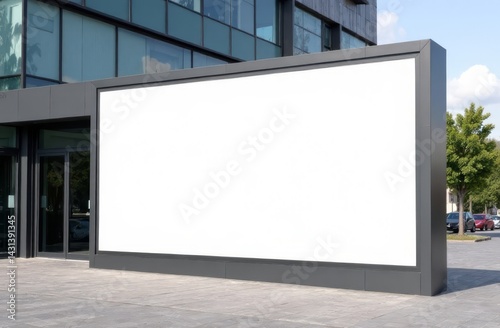 Outdoor billboard near a store with empty space for text.