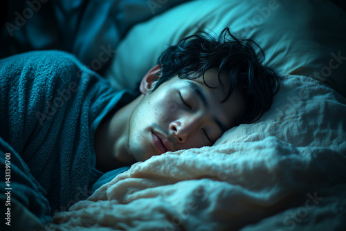 Asian man asleep in dark bedroom, denoting healthy sleep habits, good sleep hygiene, bedtime routine, sleep health, world sleep day