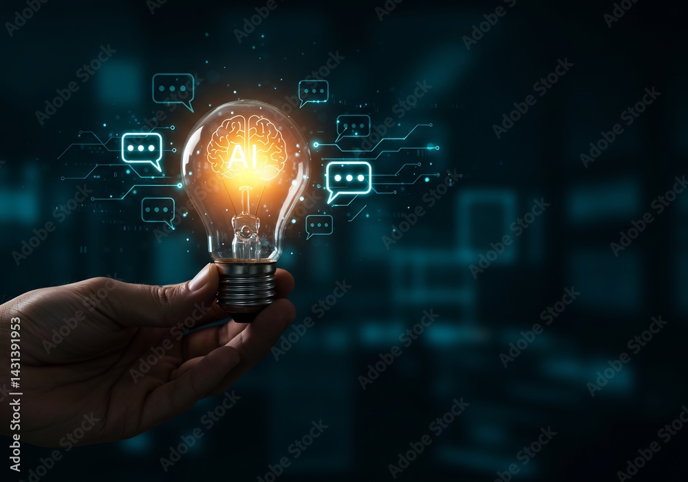 Hand Holding Illuminated Lightbulb with AI Brain Inside Hand Holding Illuminated Lightbulb with AI Brain Inside
