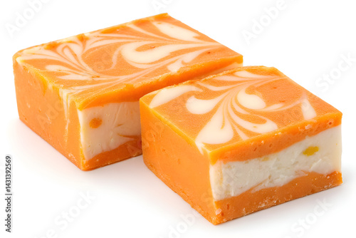 A white, isolated soap bar looks like a delicious slice of sweet fudge.
