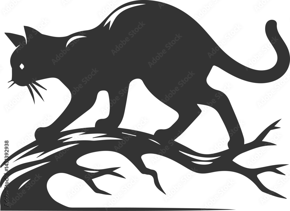 Obraz premium Cat with tree branch vector silhouette
