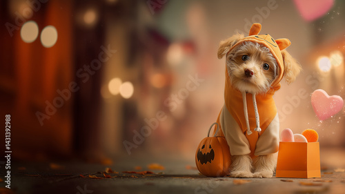 Small puppy dressed in pumpkin hoodie costume with Halloween candy and trick-or-treat bucket, cute autumn street at night photo
