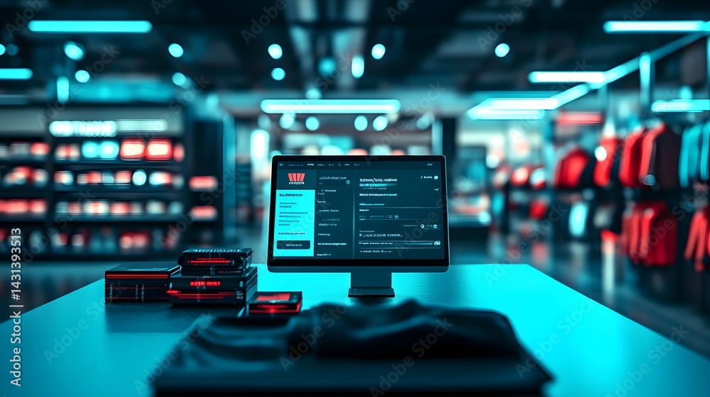 Fototapeta premium A futuristic retail store with a computer displaying inventory management software. Stacks of product boxes are on the counter. The background is blurred, showing clothing racks and neon lighting.