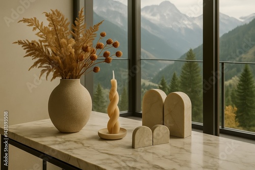 Autumn Botanicals with Marble and Stone Bookends in Alpine Home