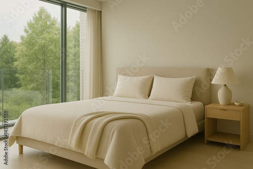 Minimalist Bedroom with Cream Textiles and Glass Wall Overlooking Greenery