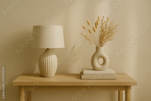 Muted Elegance Console with Ceramic Lamp and Dried Botanicals