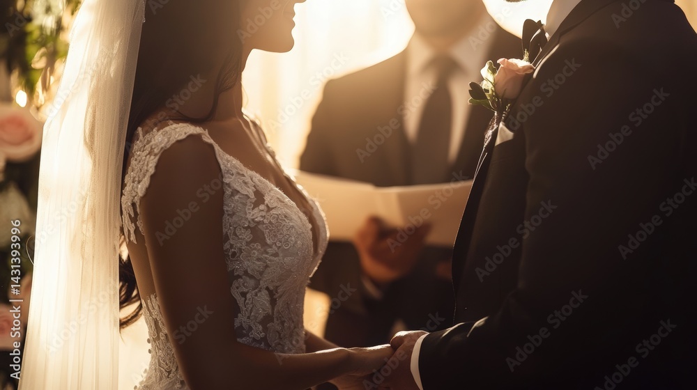Close-up of Hispanic bride and groom exchanging vows during a heartfelt wedding ceremony, with soft lighting, romantic decor, and emotional expressions capturing the essence of love and tradition.