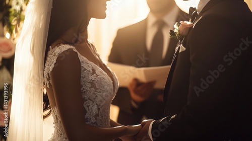Obraz na płótnie Close-up of Hispanic bride and groom exchanging vows during a heartfelt wedding ceremony, with soft lighting, romantic decor, and emotional expressions capturing the essence of love and tradition. w salonie