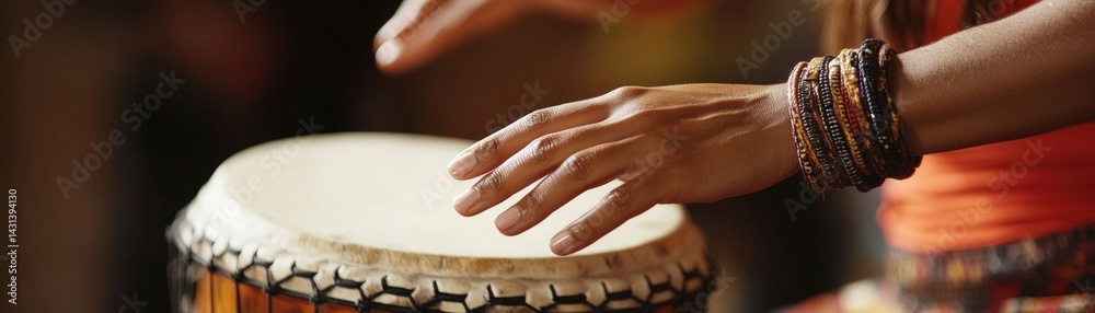 Hispanic female percussionist performing with intense concentration during vibrant evening celebration where cultural rhythms bring guests together showcasing authentic Latin musical traditions.