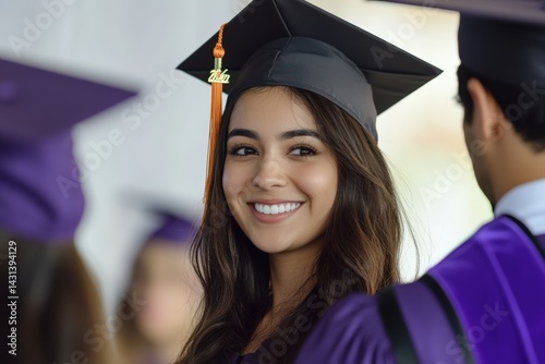 A proud Hispanic woman receives her diploma from a school official in a graduation ceremony, capturing a joyful moment of achievement, academic success, and cultural celebration in education.
