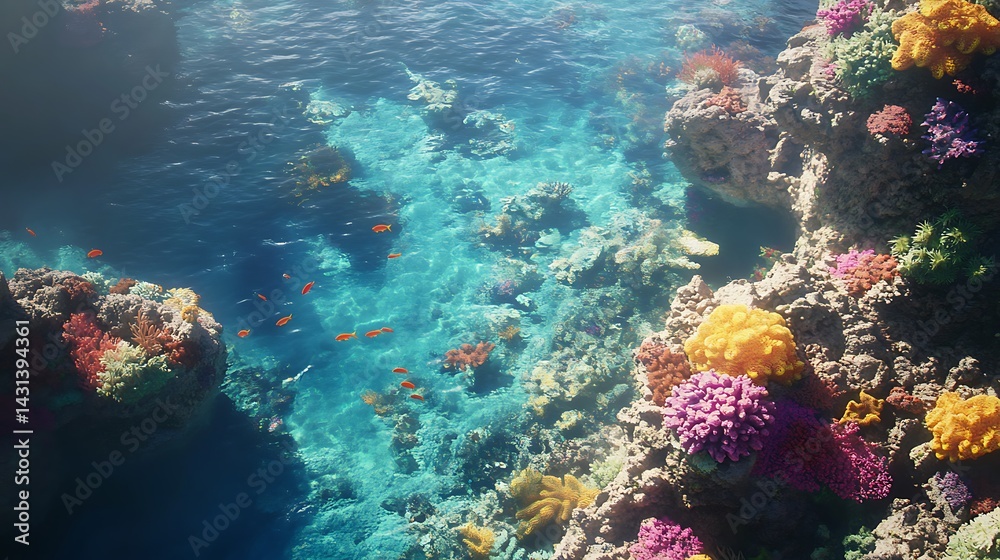 Fototapeta premium Vibrant Underwater Coral Reef with Orange Fish and Sunlight