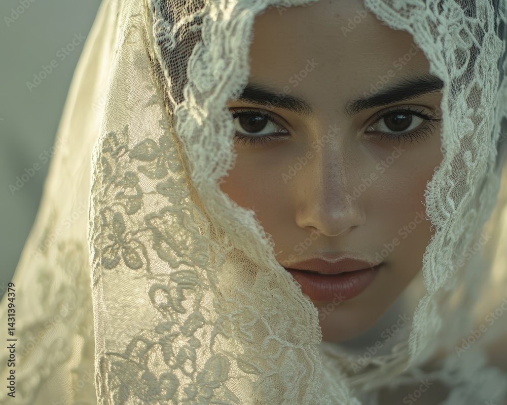 A close-up portrait of a Hispanic woman in a lace mantilla, capturing cultural heritage, handcrafted detail, and traditional elegance through soft lighting and a graceful expression