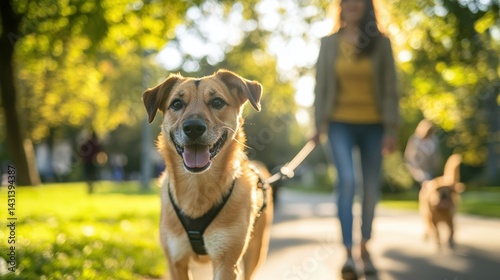 Obraz na płótnie Hispanic woman walking her dog in a local neighborhood park during a sunny day, surrounded by green trees, other pet owners, and relaxed urban energy in a moment of everyday companionship w salonie