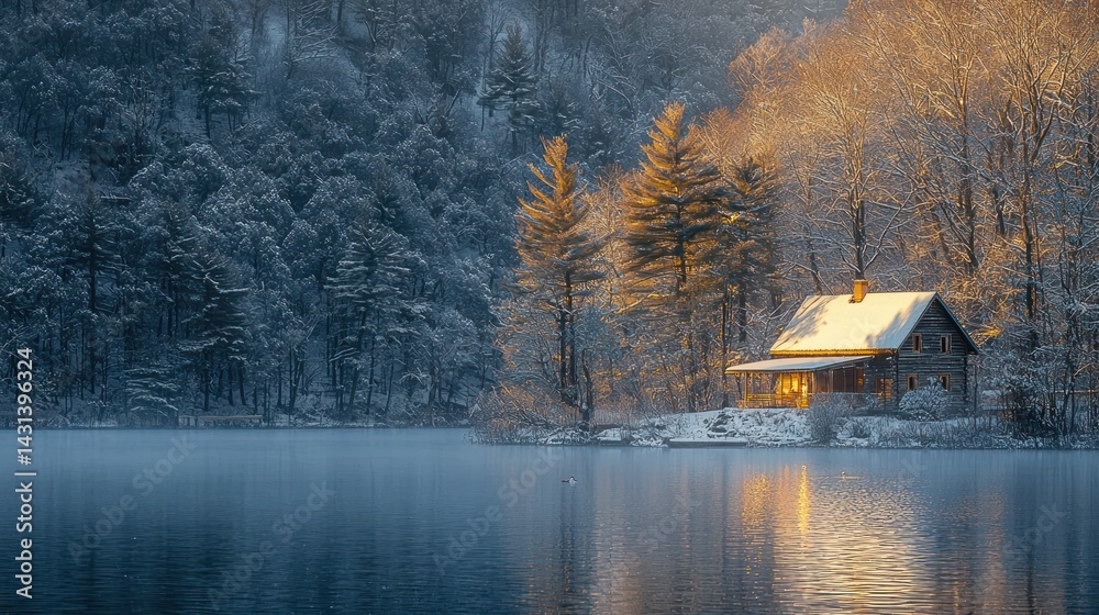 Fototapeta premium Snowy Cabin on Frozen Lake at Dawn