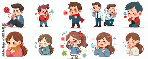 Sick Children Coughing: Illness Symptom Illustrations Set