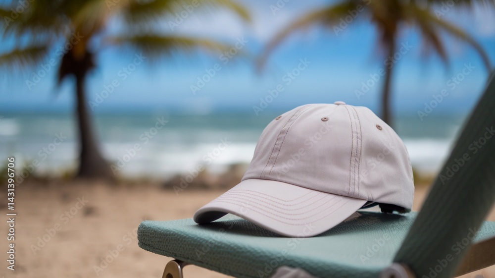 White baseball cap on a beach chair. Perfect for branding presentations, logo placement or advertising design. Tropical summer background with space for text.