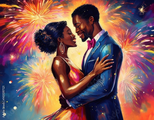 Two individuals embrace warmly while colorful fireworks light up the night sky above them.