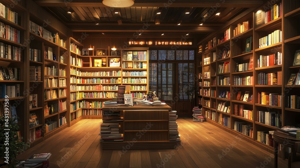 Obraz premium Cozy library with wooden shelves and books.