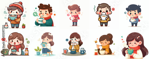 Sick Children with Medicine & Hot Drinks Illustration Set