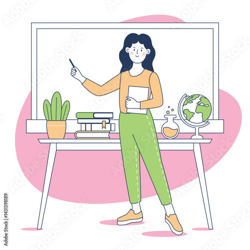 Animated teacher instructing with blackboard behind her