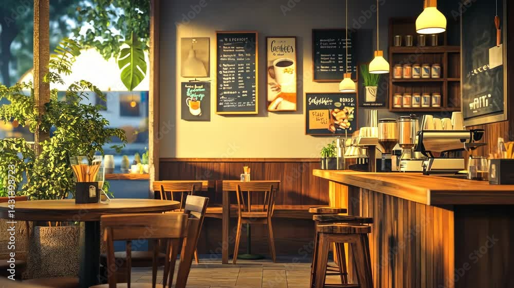 Warm and inviting cafe interior with wooden furniture, soft lighting, and the aroma of freshly brewed coffee