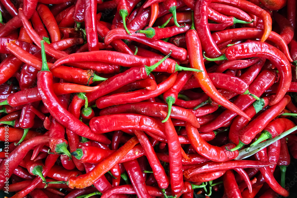 Vibrant red chilies piled together at a local traditional wet market, showcasing freshness and spicy flavor. Vibrant red chilies piled together at a local traditional wet market, showcasing freshness and spicy flavor.