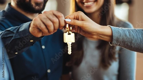 Excited Couple Receiving Keys to Their New Home from Real Estate Agent