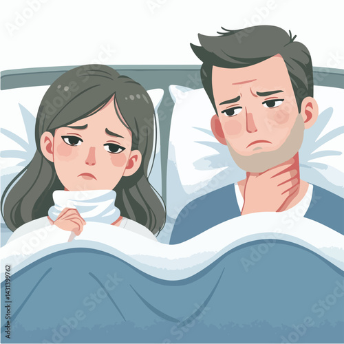 Sick Couples in Bed: Shared Illness Illustrations Set