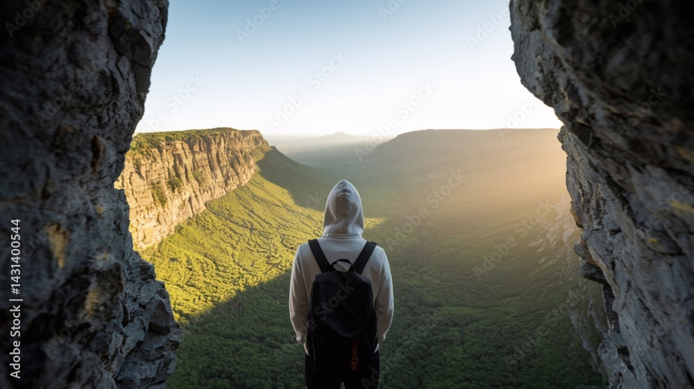 Back view of a hiker in hoodie and backpack standing between cliffs at sunrise. Ideal for mockup use, outdoor ads, adventure branding or motivational content.