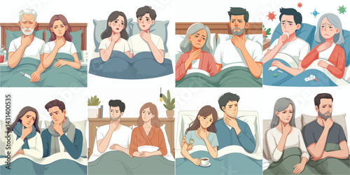 Sick Couples in Bed: Shared Illness Illustrations Set