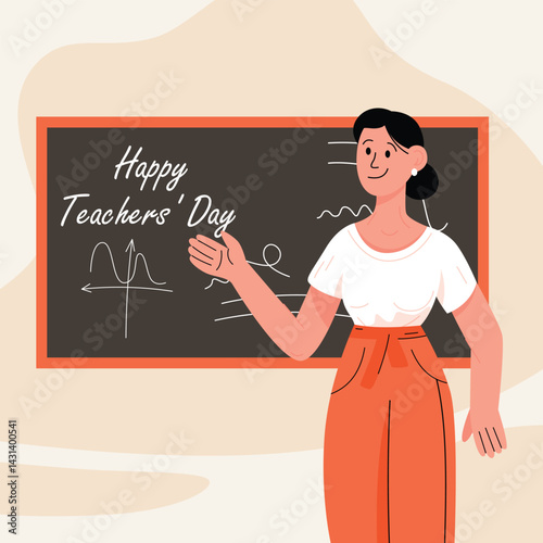 Teacher gesturing at chalkboard with holiday message