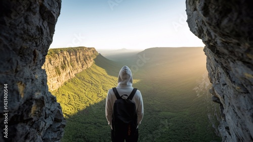 Obraz na płótnie Back view of a hiker in hoodie and backpack standing between cliffs at sunrise. Ideal for mockup use, outdoor ads, adventure branding or motivational content. w salonie