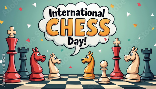 Cartoon chess pieces on a chessboard with confetti and the text 