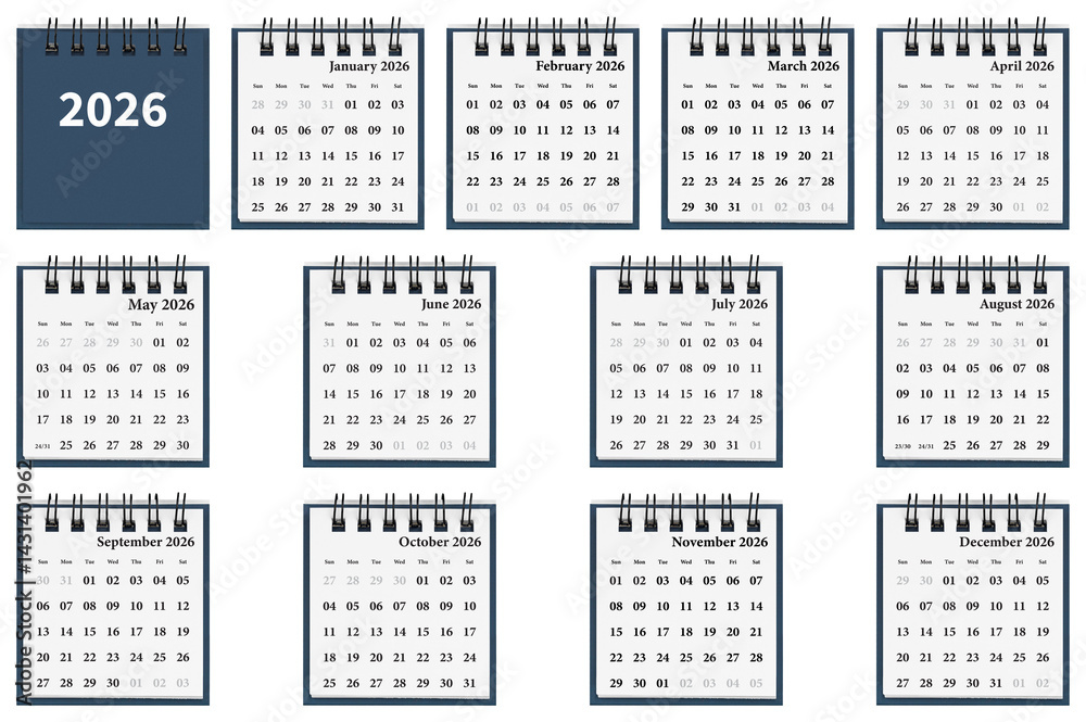 Desktop calendar 12 months set for 2026 in white colour. Mini planner for business and finance, spiral view on isolated white background close up.