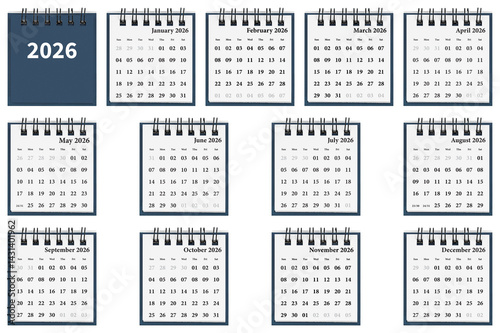 Obraz na płótnie Desktop calendar 12 months set for 2026 in white colour. Mini planner for business and finance, spiral view on isolated white background close up. w salonie