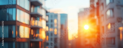 Abstract buildings in cityscape with sunset effect soft focus