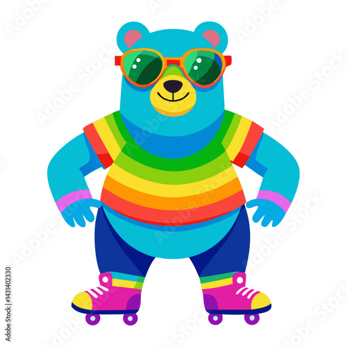 A Bear in rainbow-colored sunglasses and roller skates on white background