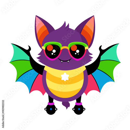 A bat in rainbow-colored sunglasses  and roller skates  on white background