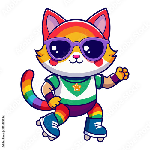 A cat in rainbow-colored sunglasses and roller skates on white background