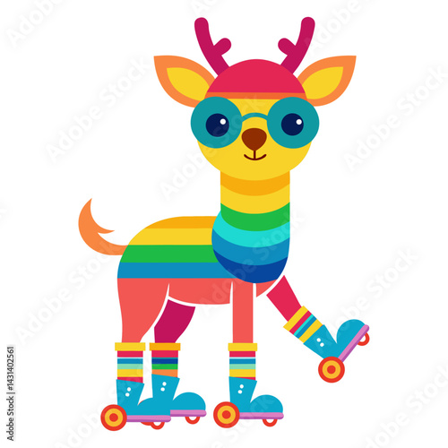 A Deer in rainbow-colored sunglasses and roller skates on white background