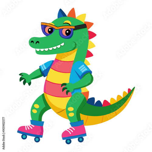 A Crocodile in rainbow-colored sunglasses  and roller skates  on white background